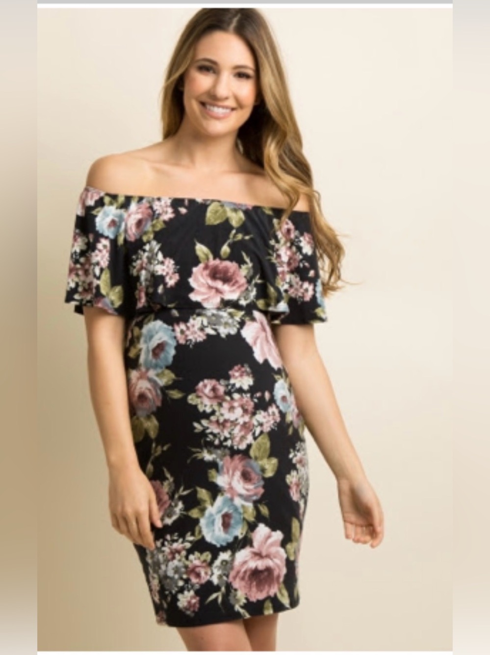 Pink Blush Black Floral Ruffle Trim Maternity Dress